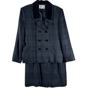 Le Suit Vintage Blue Green Business Plaid Long Sleeve Blazer Skirt Suit Size 14